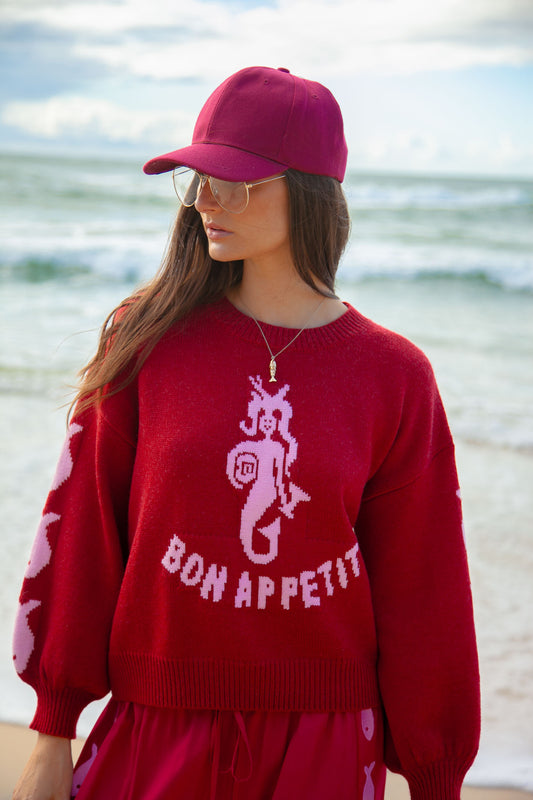 Bon Appetit Mermaid Knit Sweater - Bright Burgundy