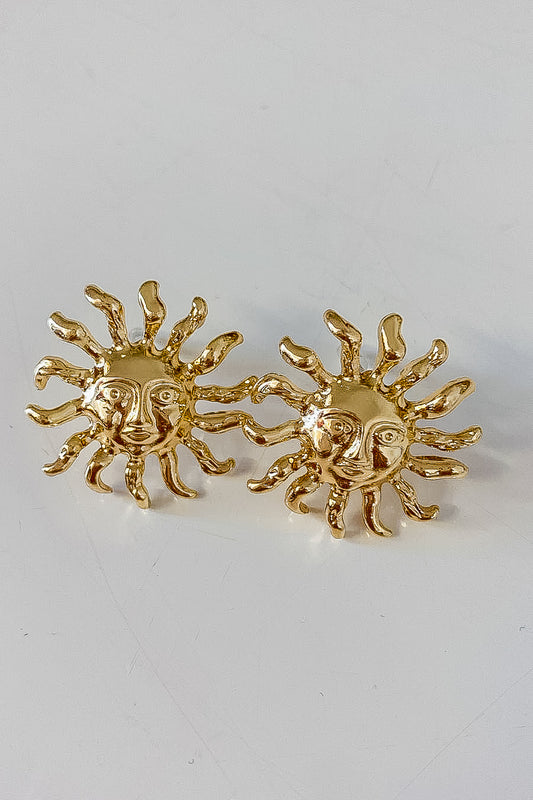 Gold Sun with Face Stud Earrings