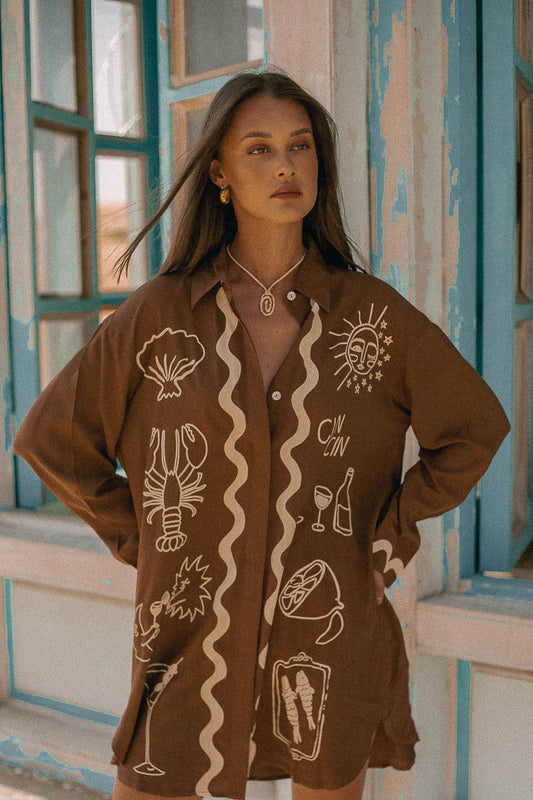 Wine Club Shirt Dress Brown | Long Sleeve