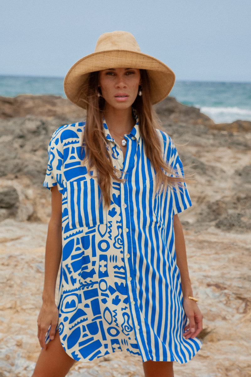 Geo Shirt Dress blue striped beach shirt dress