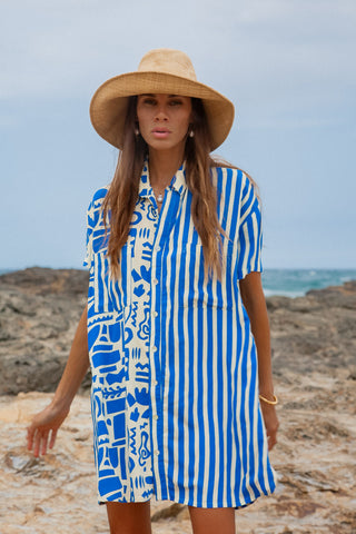 Geo Shirt Dress blue striped beach shirt dress