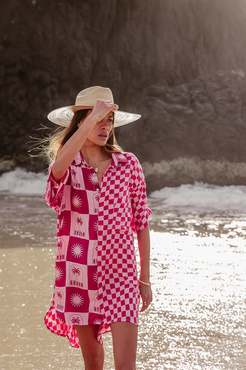 Palma Checkerboard Pink Shirt Dress Palma Checkerboard Pink Shirt Dress beach shirt dress coverup