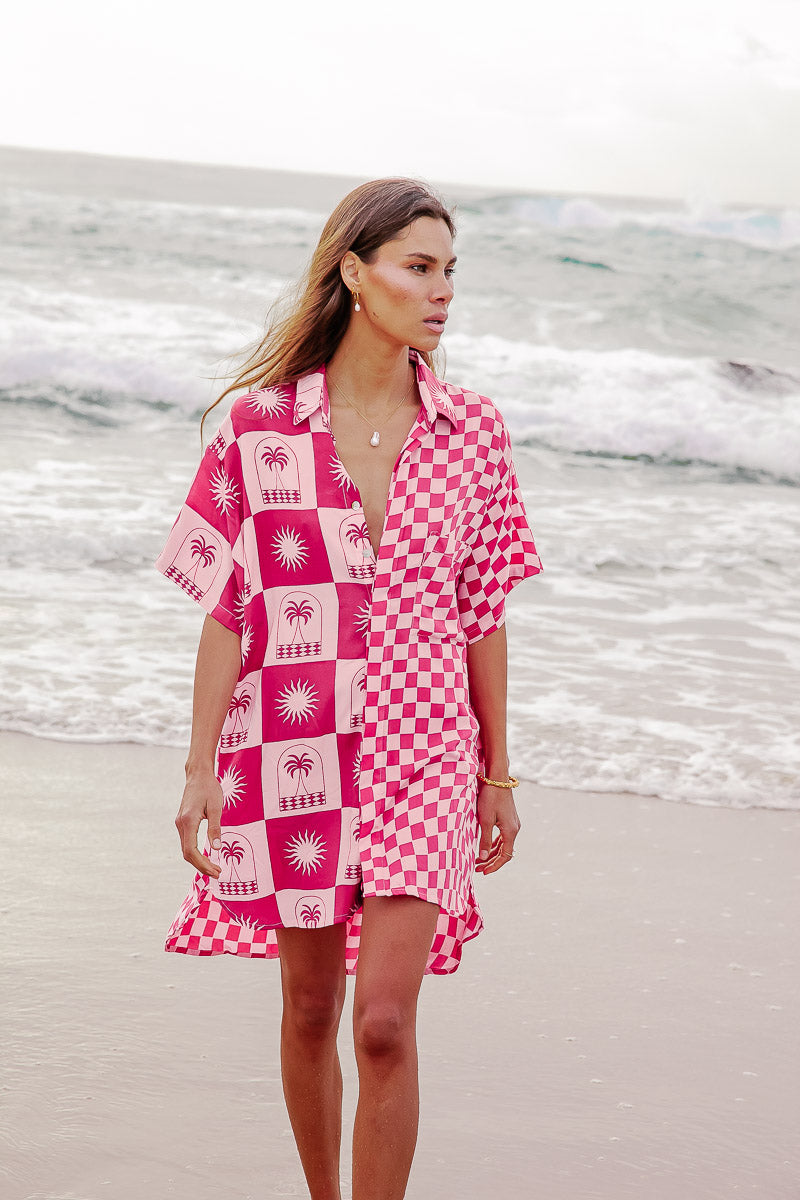 Palma Checkerboard Pink Shirt Dress beach shirt dress coverup