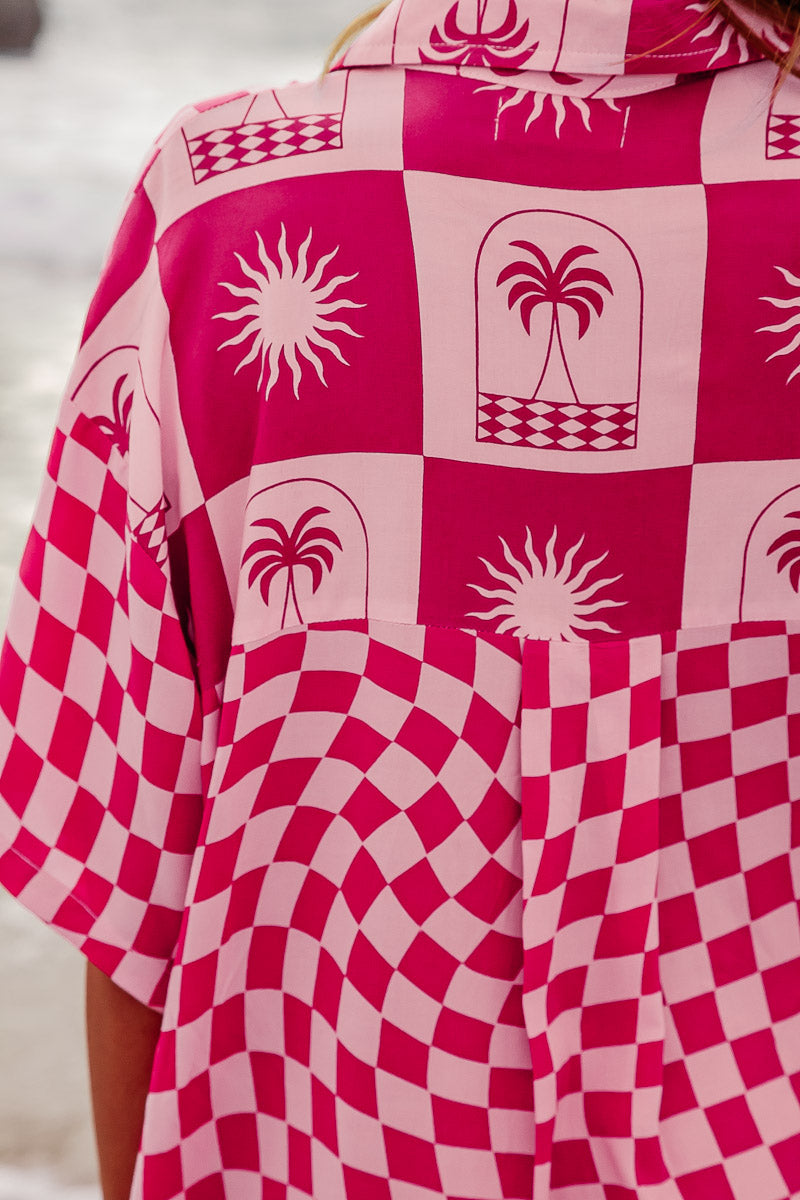 Palma Checkerboard Pink Shirt Dress pink checkered shirt dress