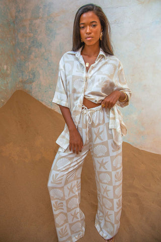 Vanuatu Shirt  womens Beige printed button up shirt with shell print as matching pants and top set