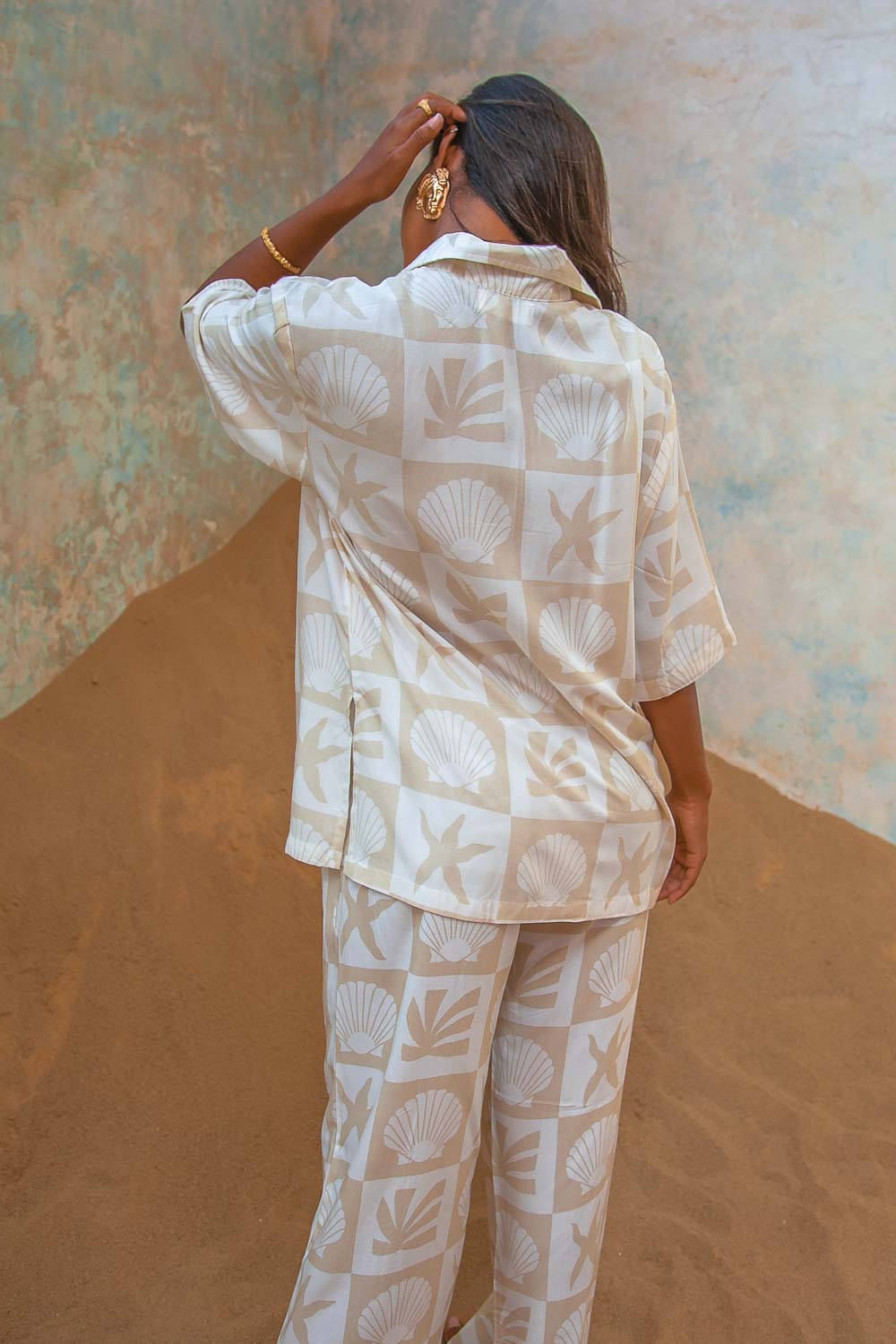 Vanuatu Shirt  womens Beige printed button up shirt with shell print as matching pants and top set