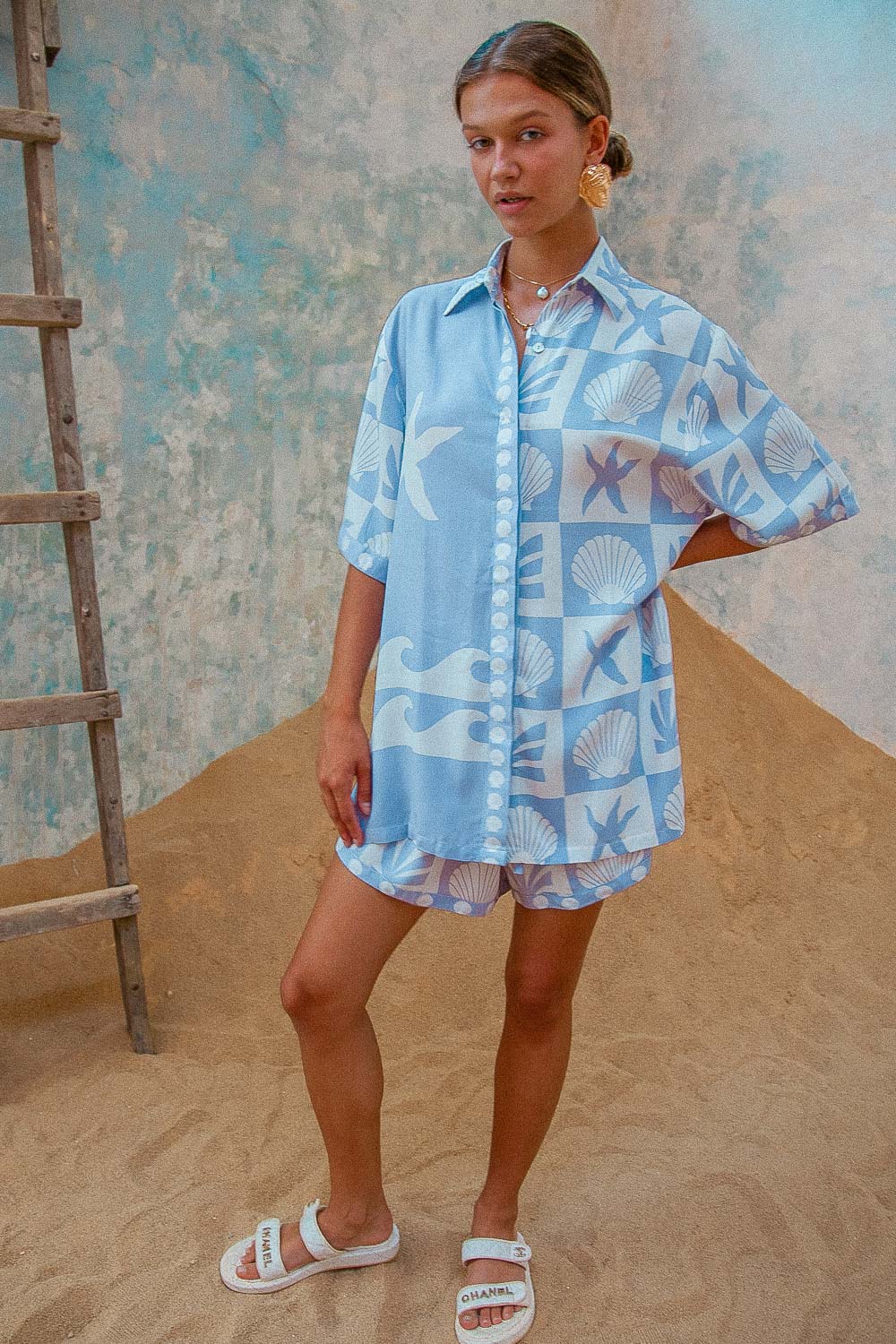 Port Villa Shirt blue shell print blouse matching coord summer outfit set