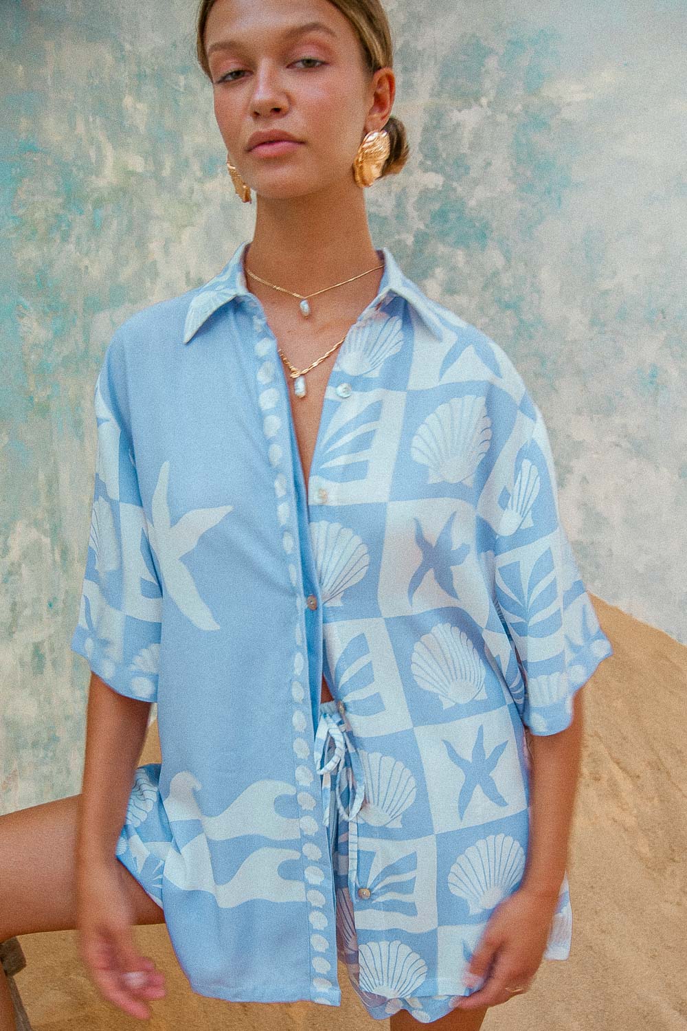 Port Villa Shirt Port Villa Shirt blue shell print blouse matching coord summer outfit set
