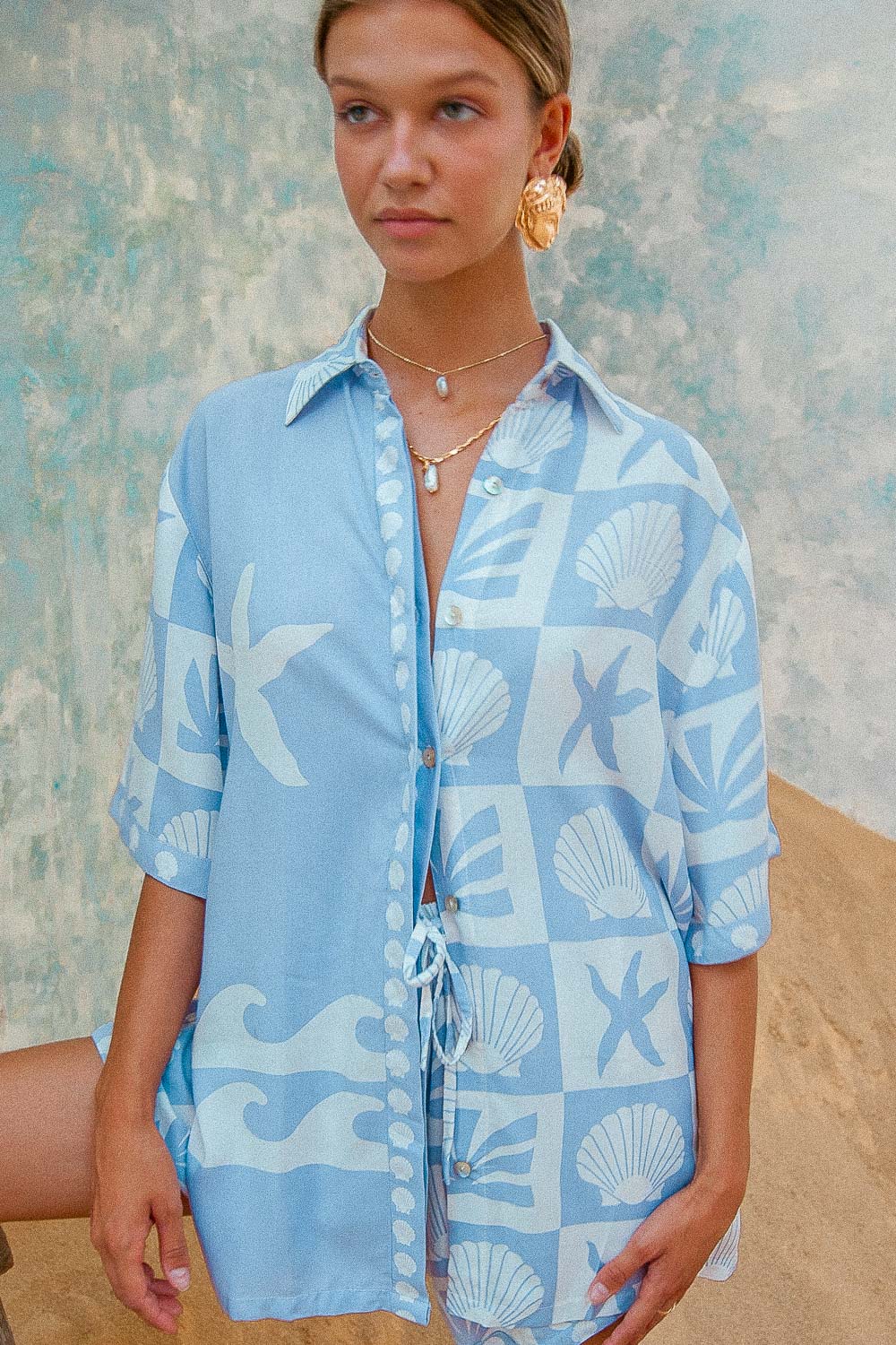 Port Villa Shirt Port Villa Shirt blue shell print blouse matching coord summer outfit set