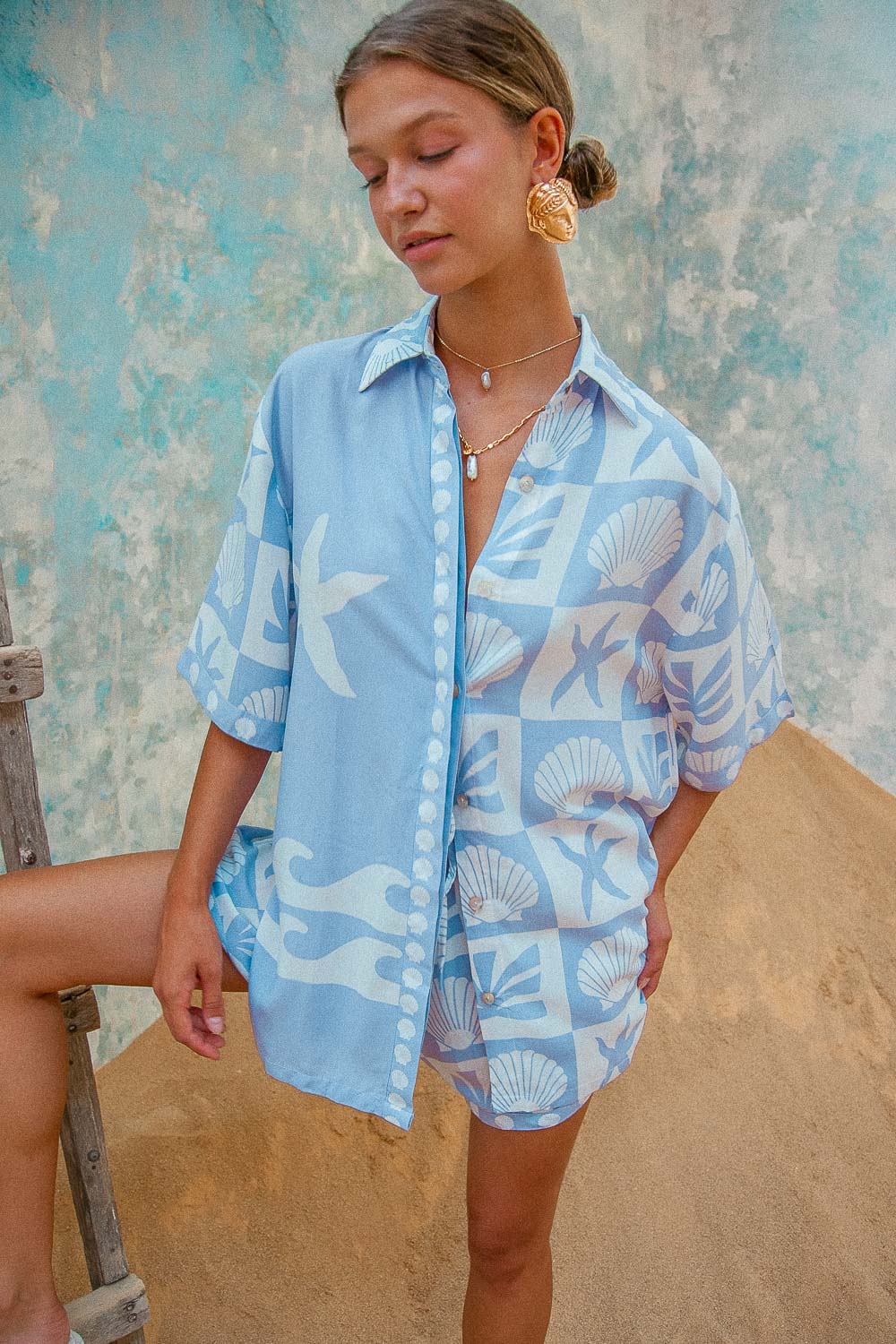 Port Villa ShirtPort Villa Shirt blue shell print blouse matching coord summer outfit set shorts set