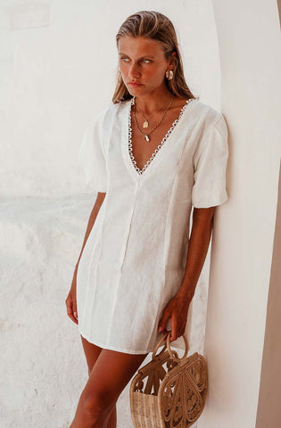 Soltice  Dress White v neck dress with puff sleeves