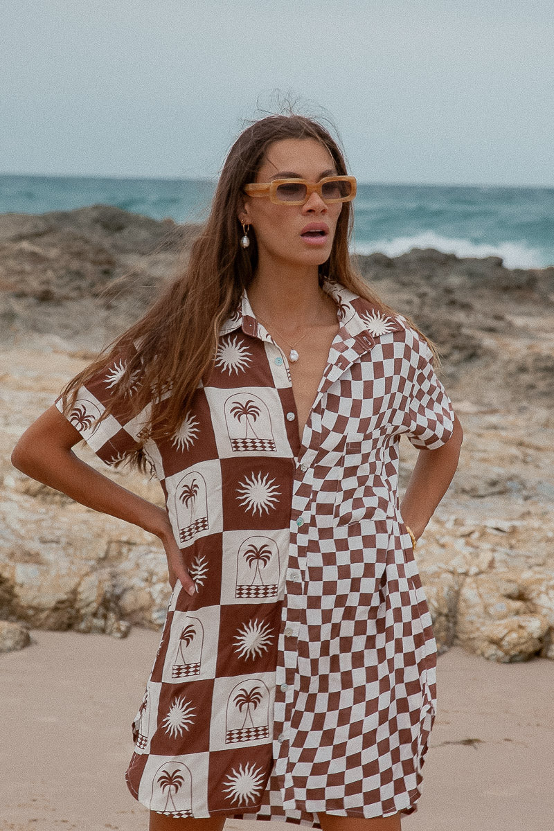 Palma Checkerboard  Shirt Dress Brown palm tree shirt dress