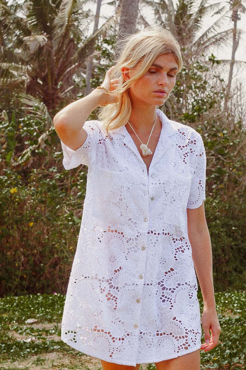 Ulluwatu Lace Shirt Dress White Cotton Lace Shirt Dress