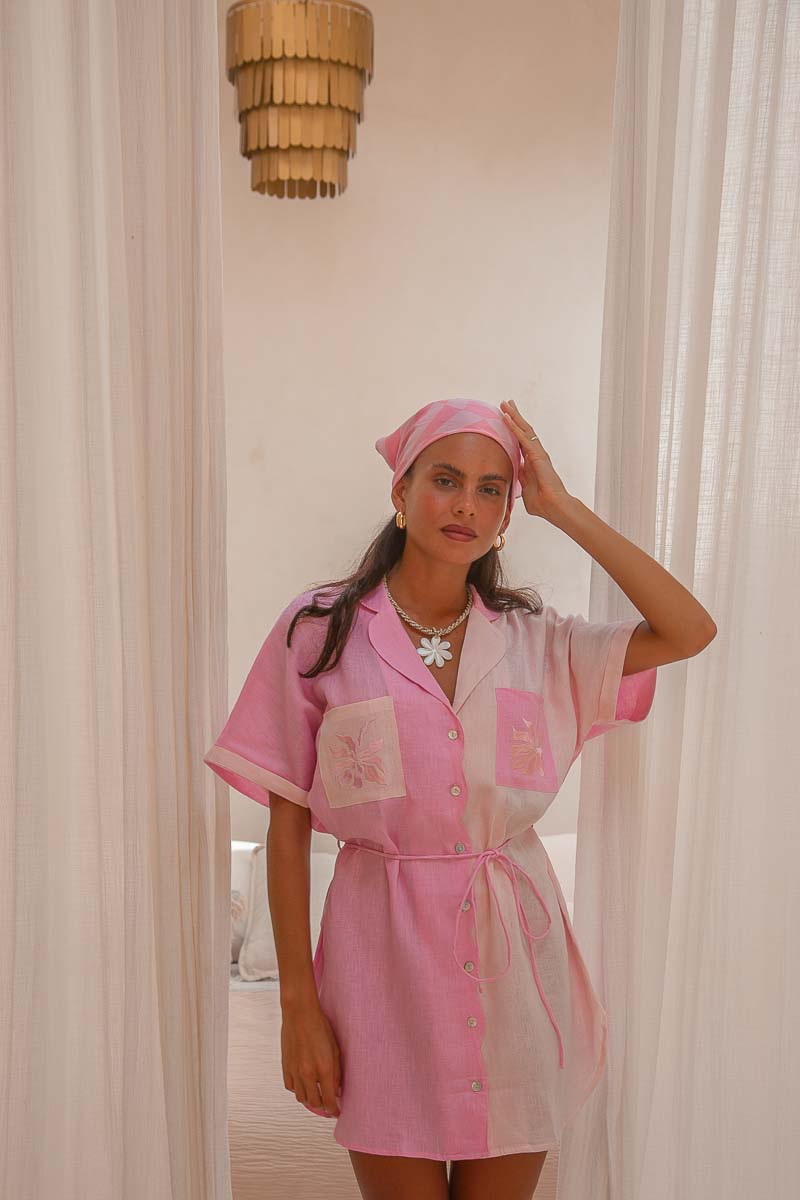 Hibiscus Linen Dress pink linen shirt dress mini lengh