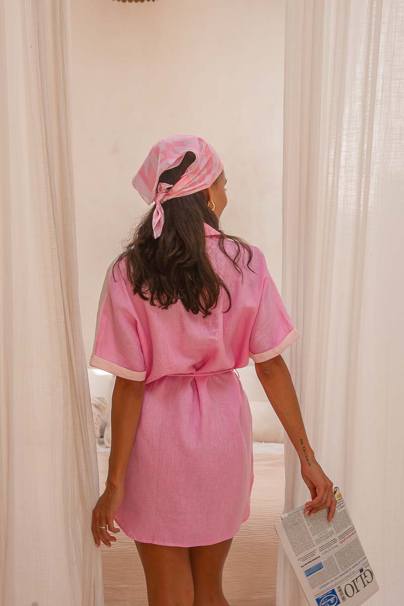 Hibiscus Linen Dress pink linen shirt dress