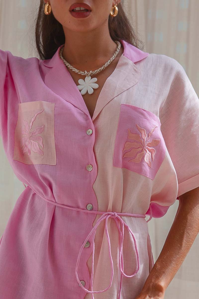Hibiscus Linen Dress pink linen shirt dress