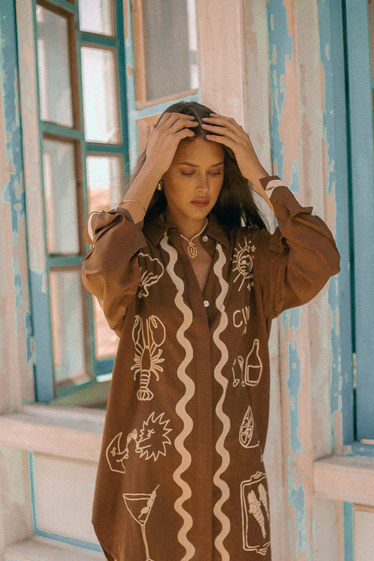 Wine Club Shirt Dress Brown | Long Sleeve - W/S Pack of 4