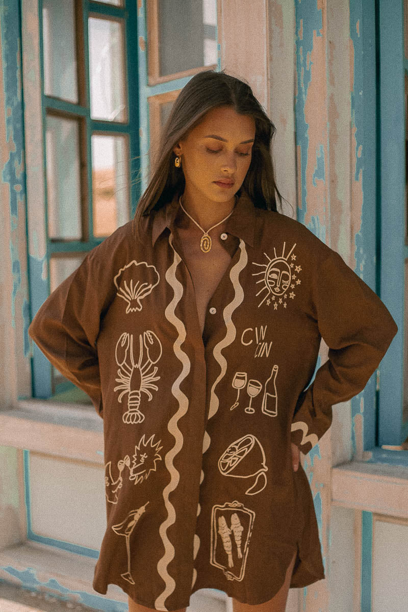 Wine Club Shirt Dress Brown | Long Sleeve