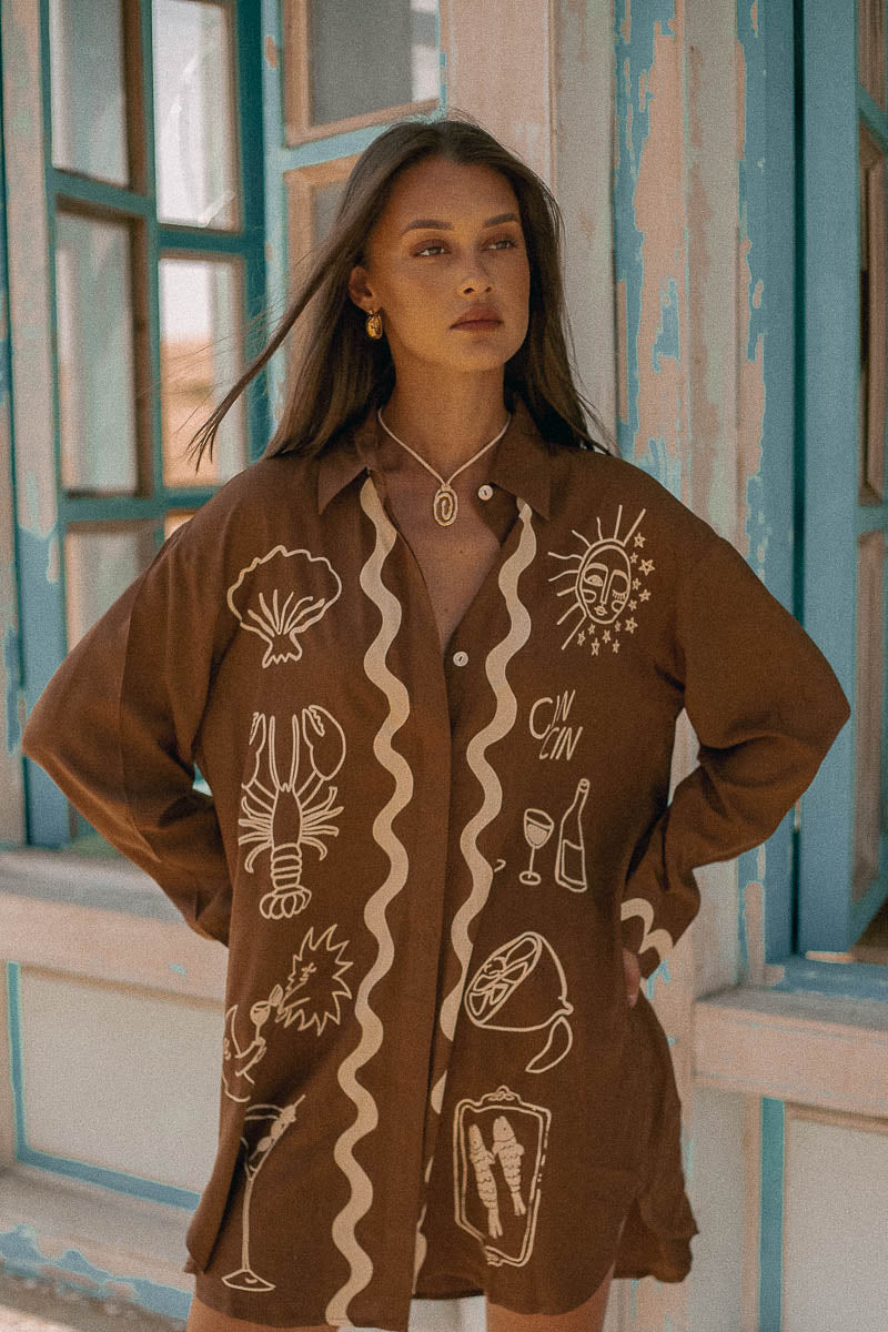 Wine Club Shirt Dress Brown | Long Sleeve - W/S Pack of 4
