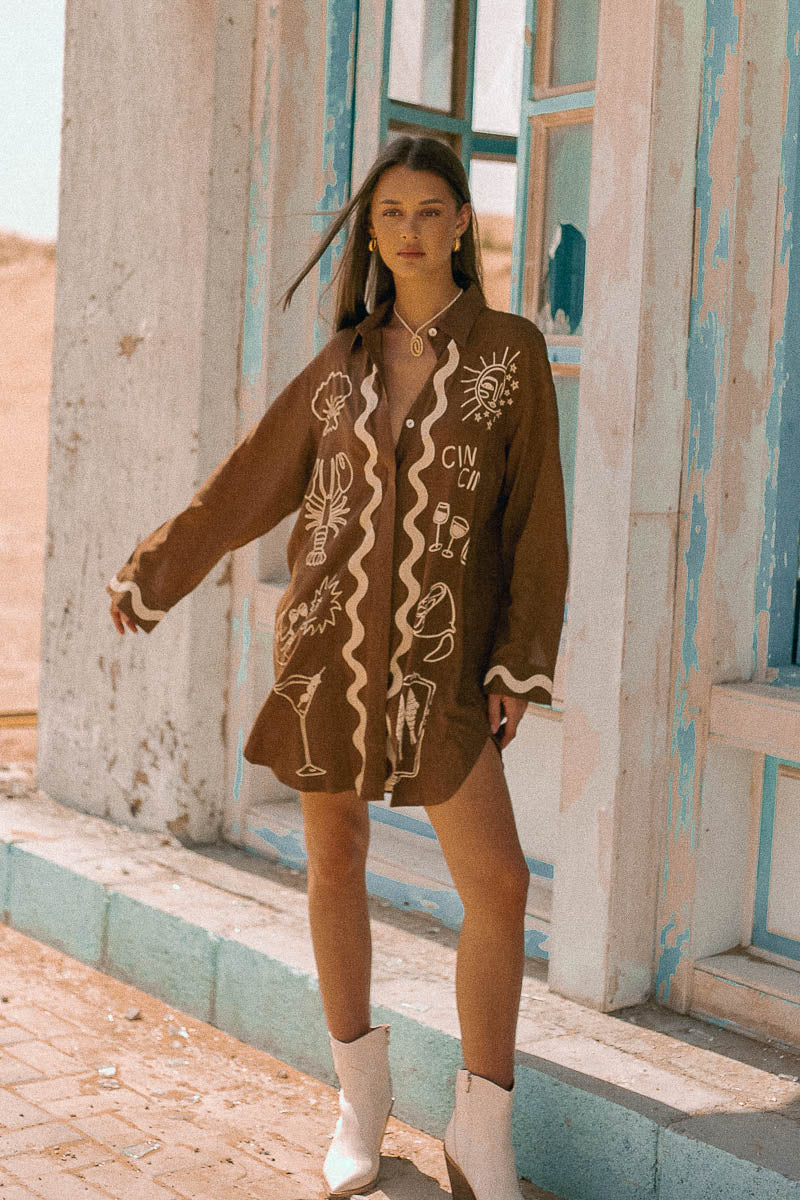 Wine Club Shirt Dress Brown | Long Sleeve