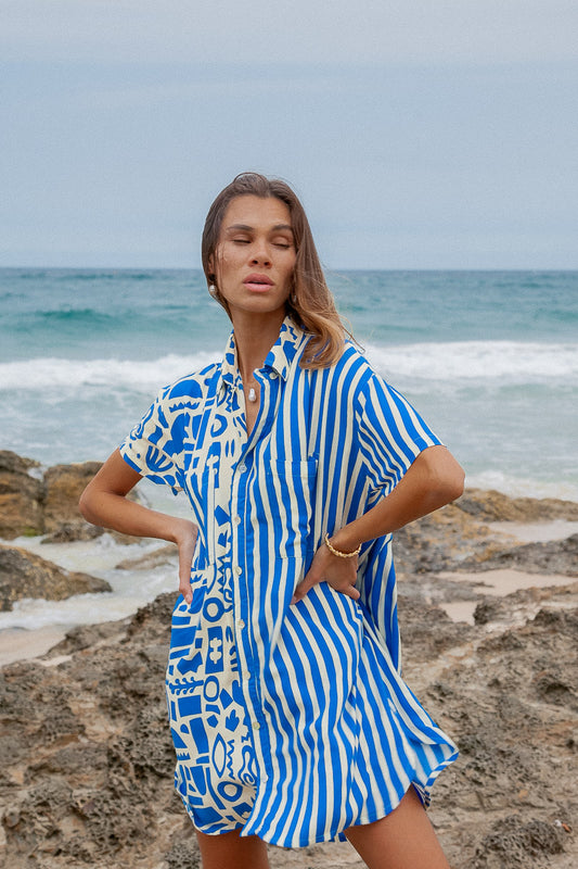 Geo Shirt Dress blue striped beach shirt dress