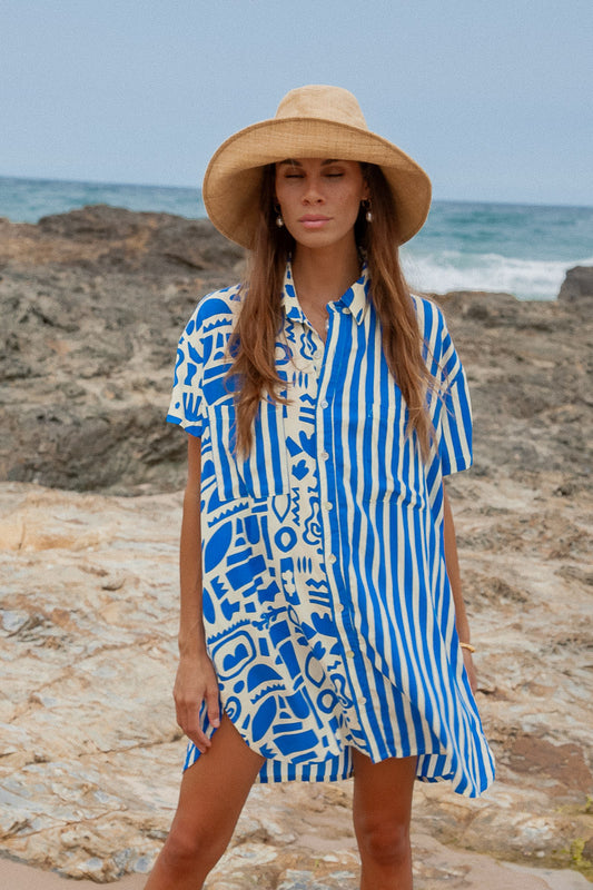 Geo Shirt Dress blue striped beach shirt dress