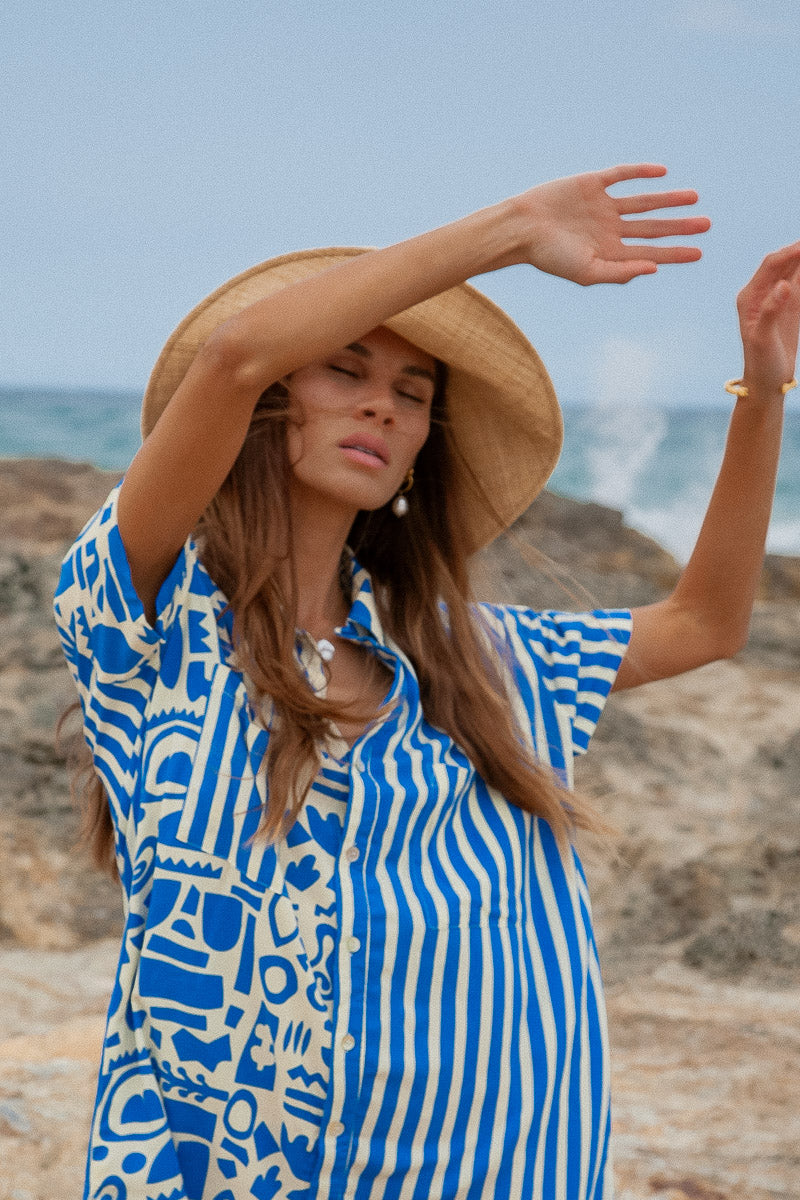 Geo Shirt Dress blue striped beach shirt dress