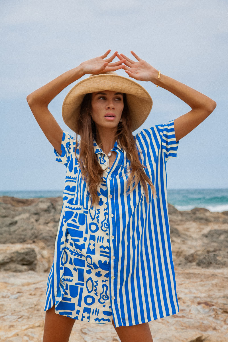 Geo Shirt Dress blue striped beach shirt dress