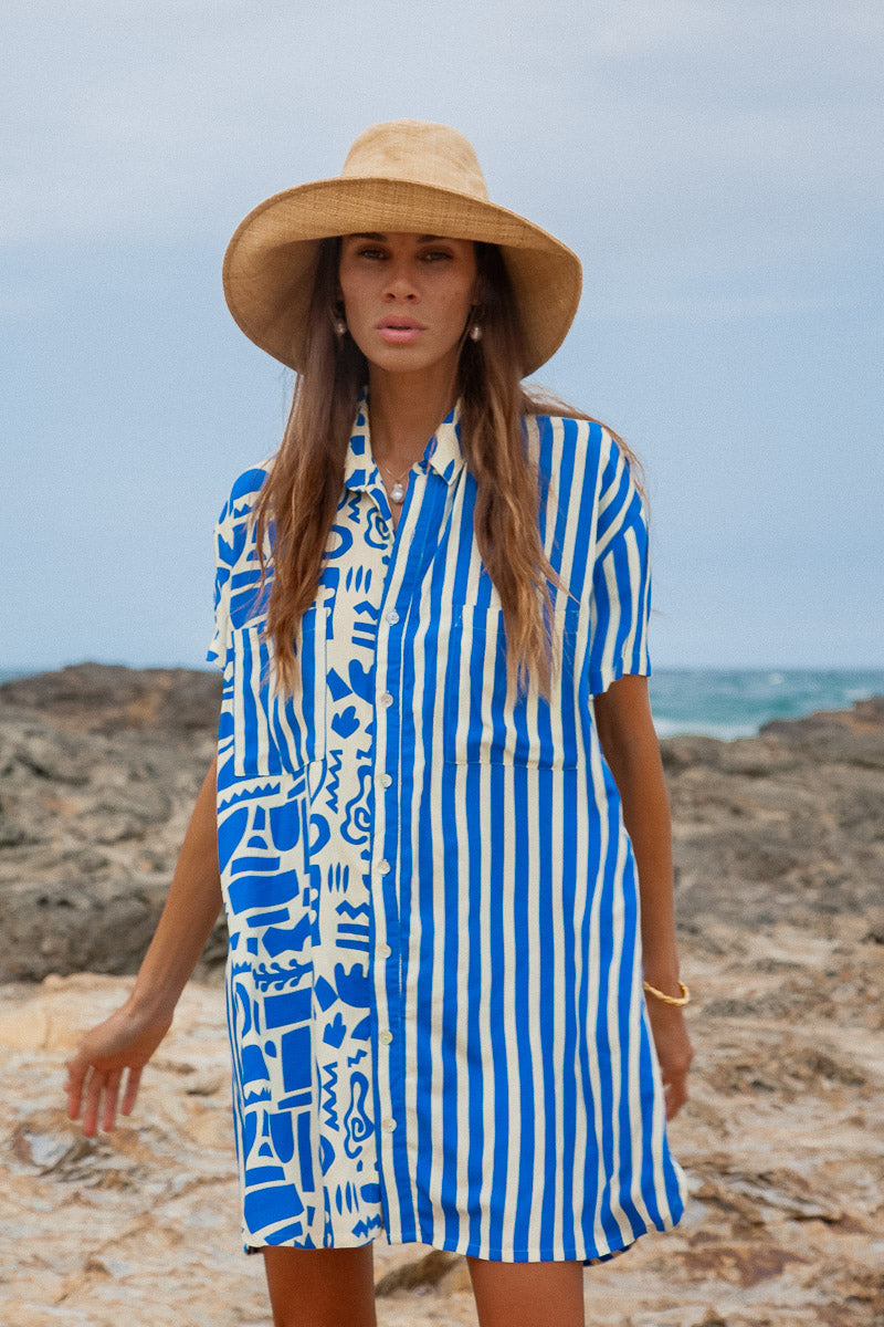 Geo Shirt Dress blue striped beach shirt dress