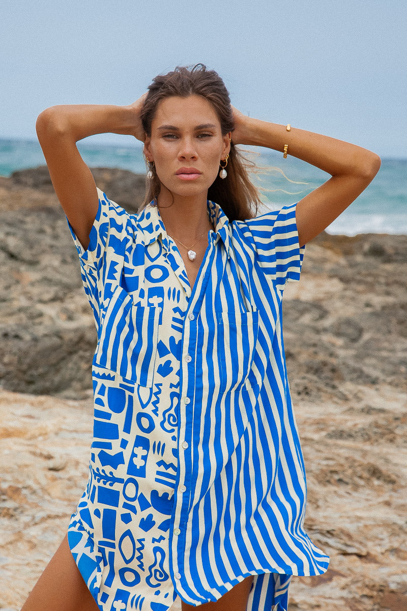 Geo Shirt Dress blue striped beach shirt dress