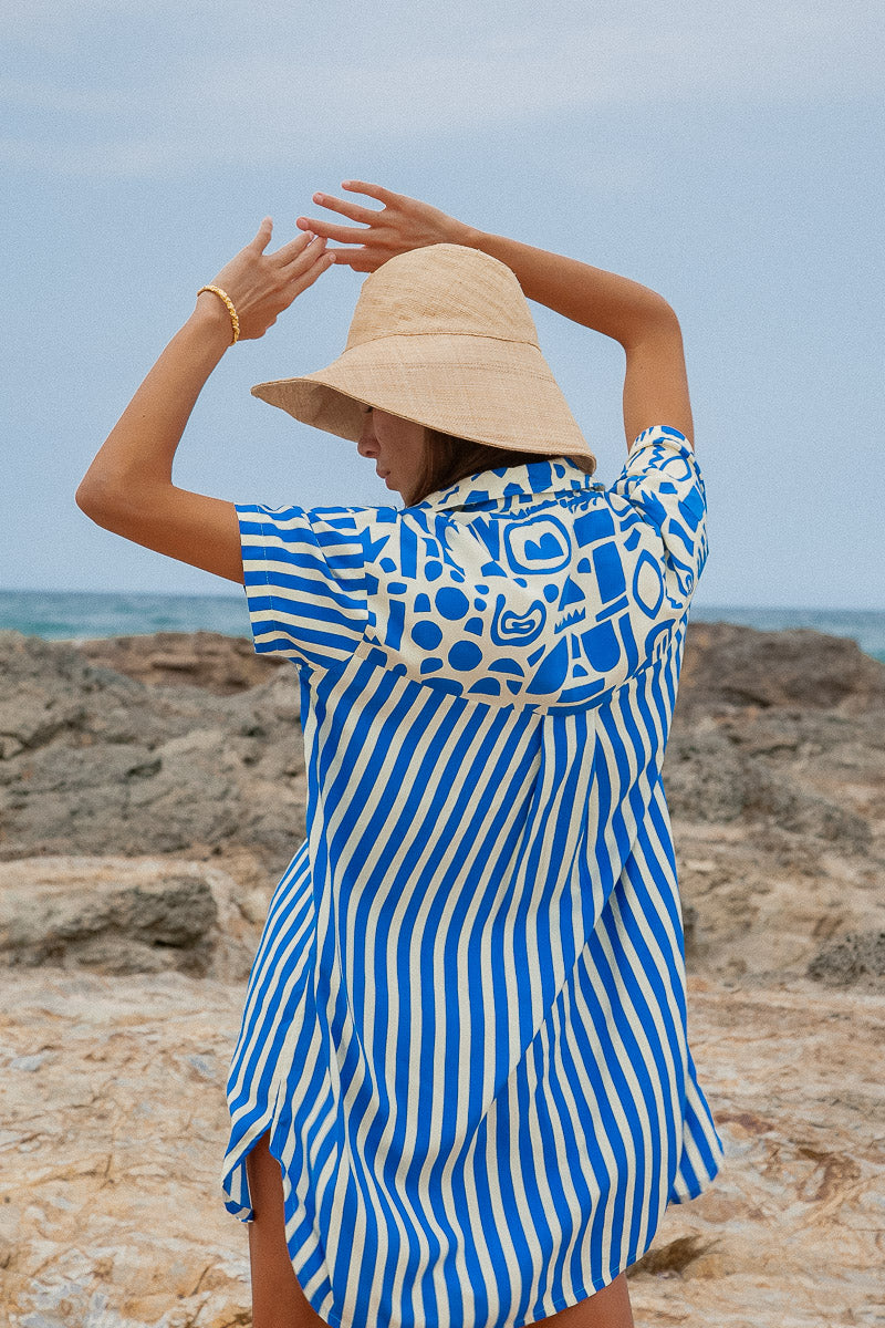 Geo Shirt Dress blue striped beach shirt dress