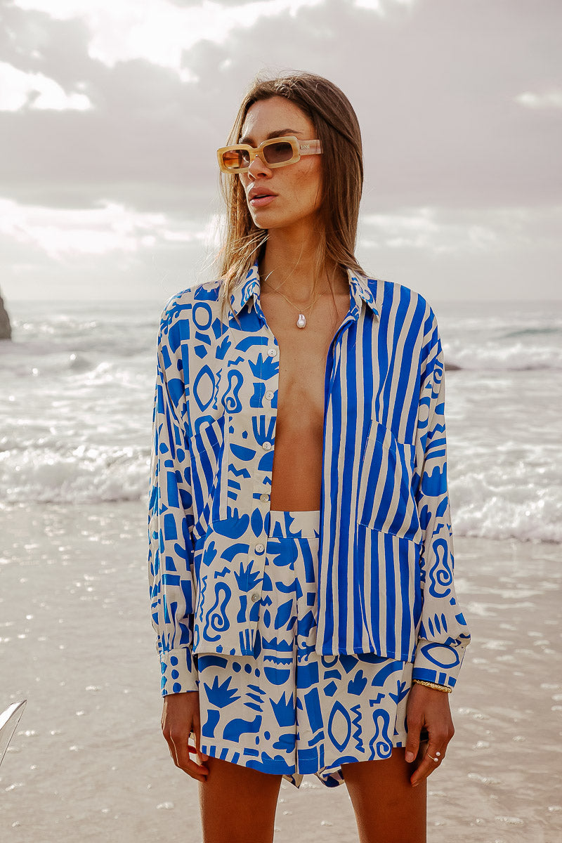 Peggy Shirt - Geo Print Royal blue two piece short set