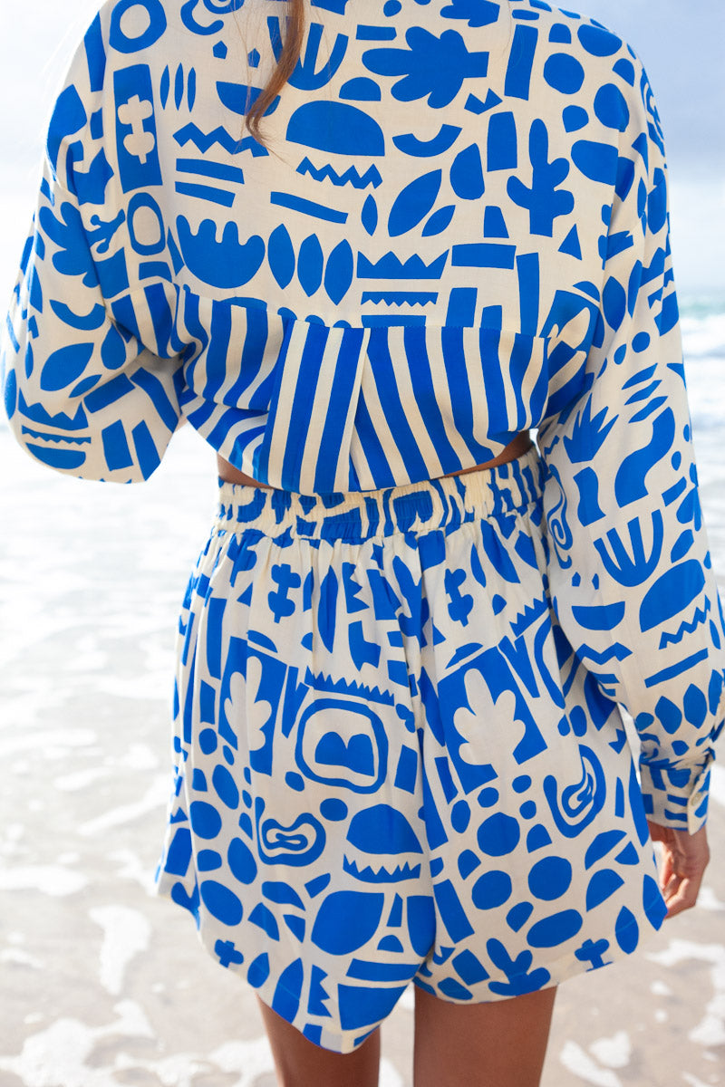 Peggy Shirt - Geo Print Royal blue two piece short set