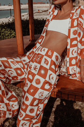 Achillies Pant- Sundance Print- Brown and white pants  beach pants casual cupro fabric