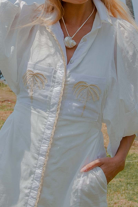 Casa Palma Dress white dress with palm trees embroidery