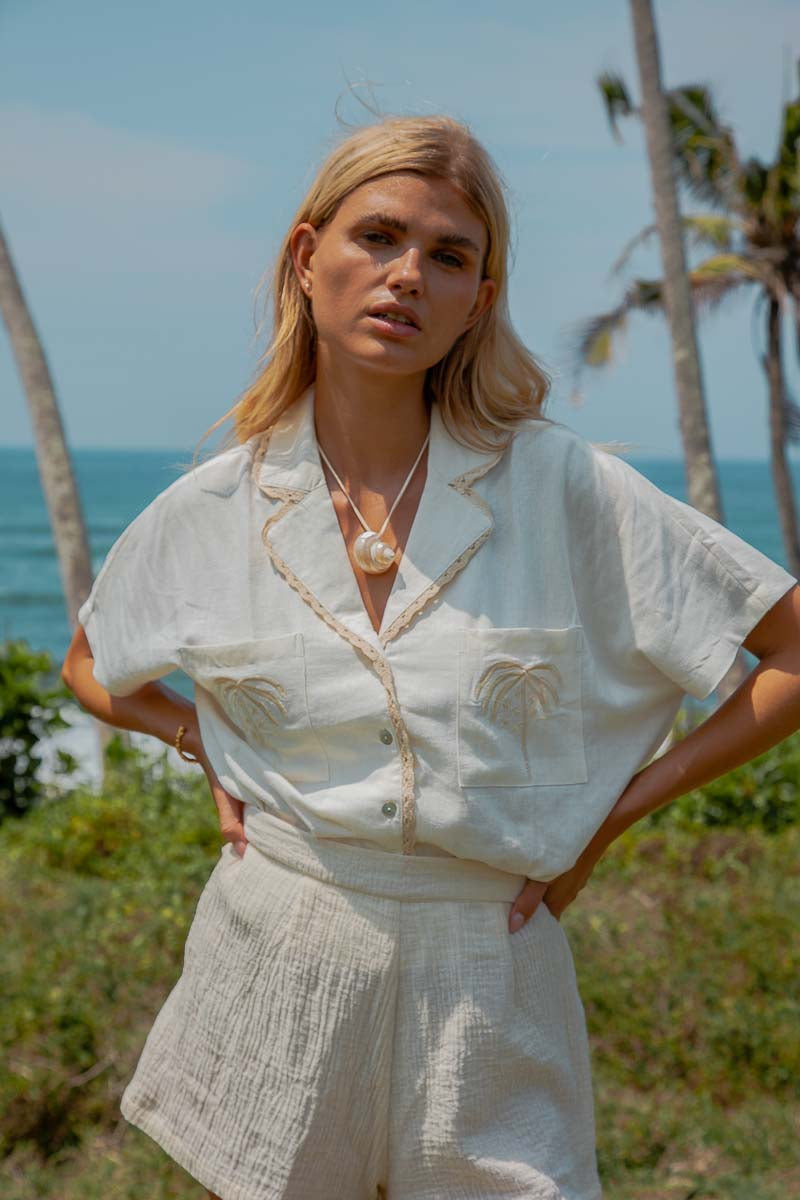 Island Blouse Palm tree white shirt women's