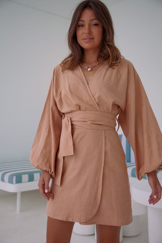 Joy Dress - Tan Linen kimono wrap dress mini
