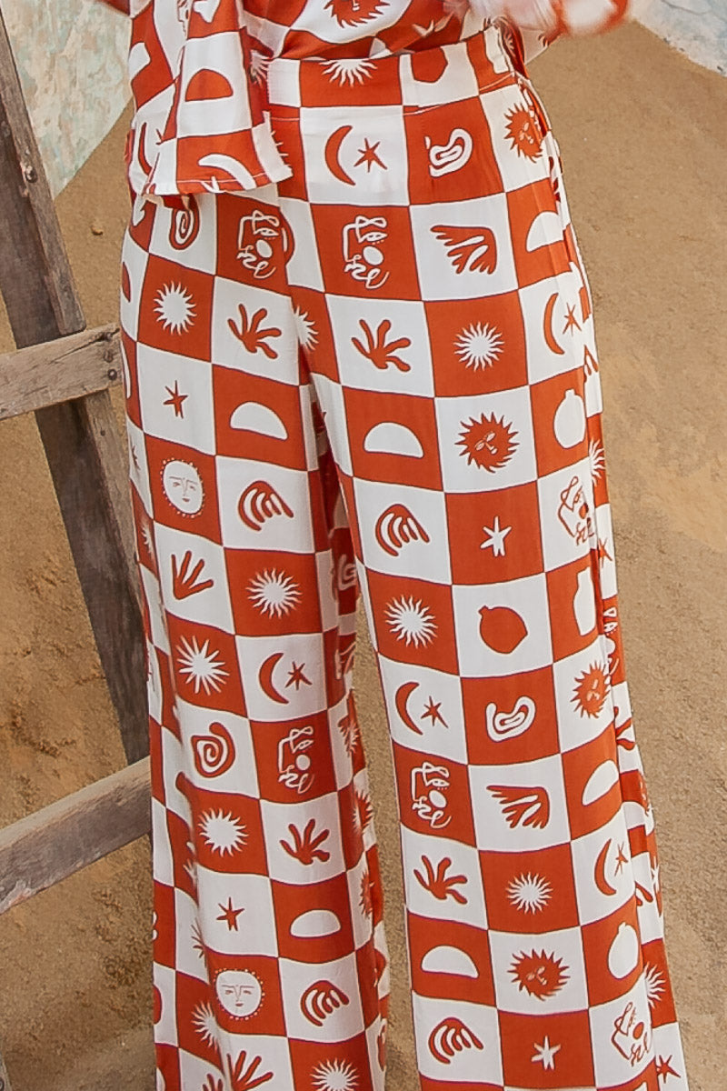 Achillies Pant- Sundance Print- Brown and white pants  beach pants casual cupro fabric