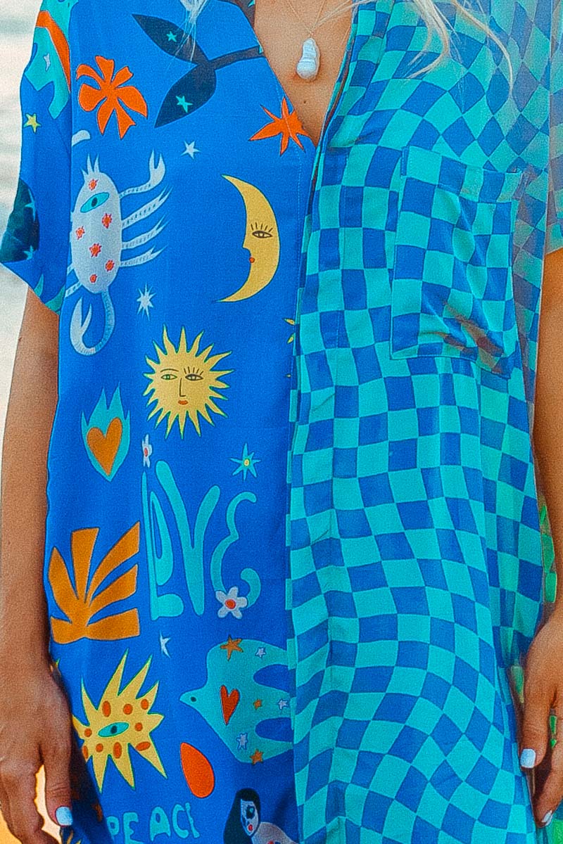 Love Peace Art Shirt Dress beach shirt dress checkerboard print