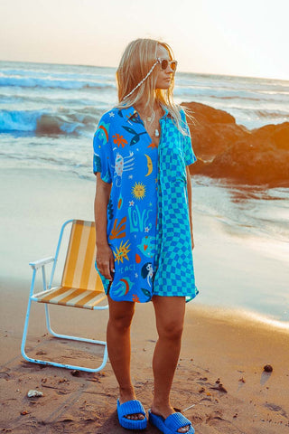 Love Peace Art Shirt Dress beach shirt dress checkerboard print