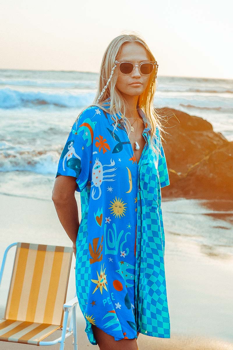 Love Peace Art Shirt Dress beach shirt dress checkerboard print