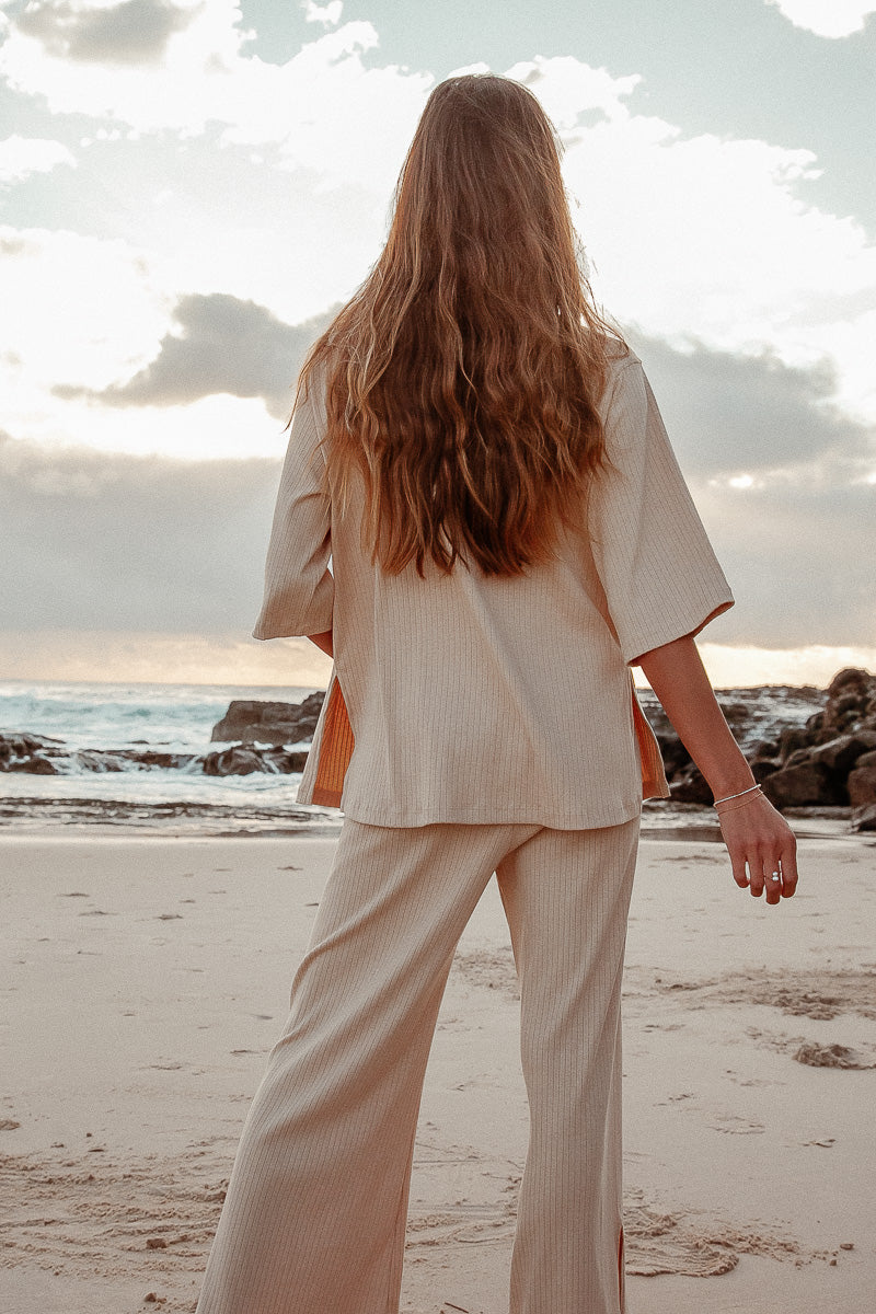 Luxe Knit Top Sand Beige button up knit top with sleeves