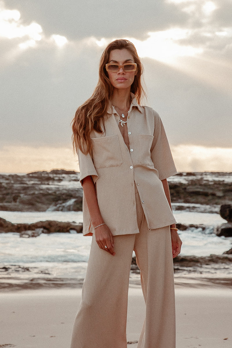 Luxe Knit Top Sand Beige button up knit top with sleeves