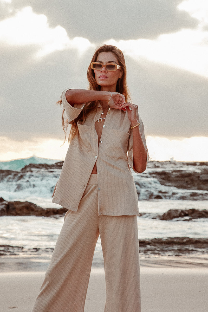 Luxe Knit Top Sand Beige button up knit top with sleeves