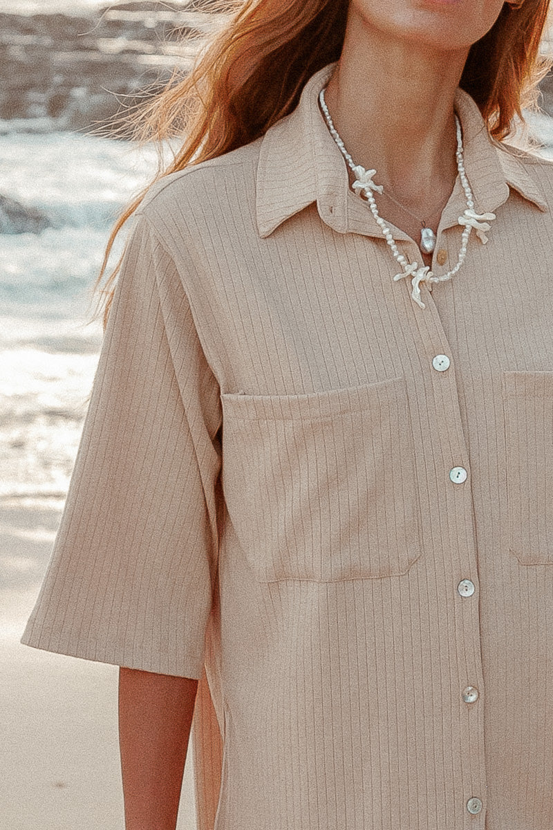 Luxe Knit Top Sand Beige button up knit top with sleeves