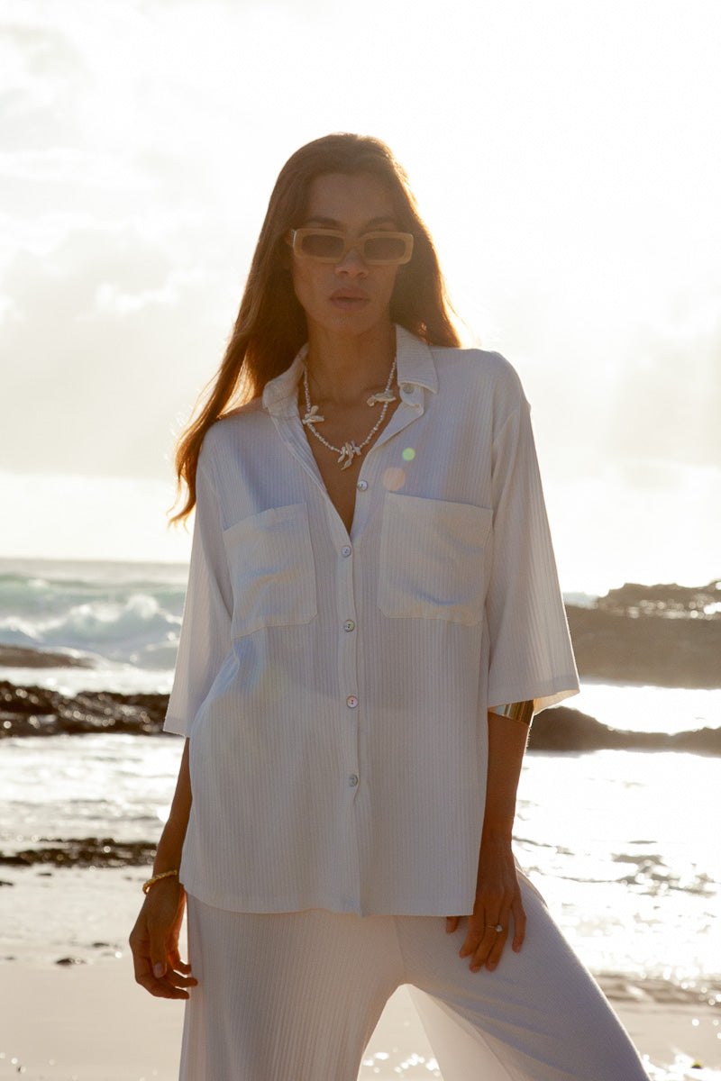 Luxe Knit Top White knit button down shirt