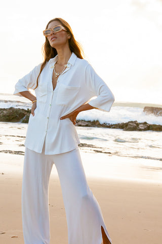 Luxe Knit Top White knit button down shirt