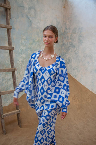 Maja Blouse Blue print long sleeve button up shirt womens