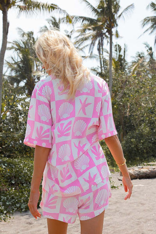 Vanuatu Shorts - Pink womens pink beach shorts with shell print
