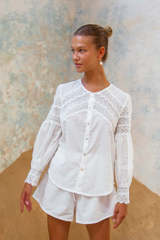 Isabella Lace Trim Blouse white lace long sleeve blouse